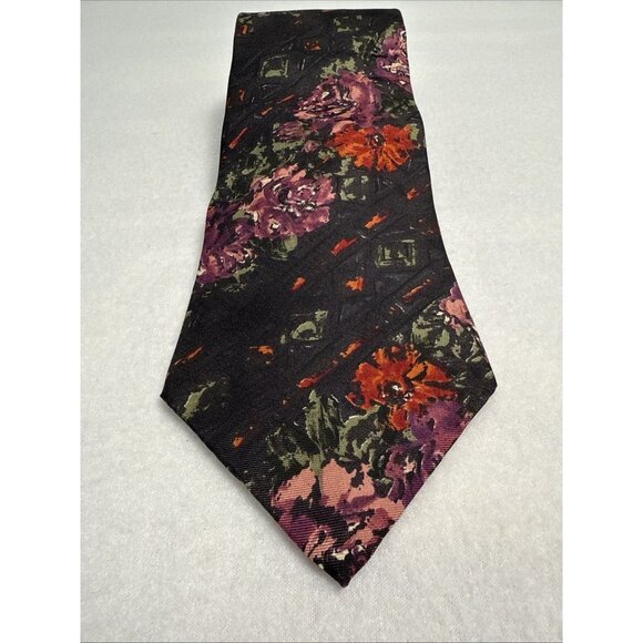 WINDSOR Black, Red, Purple Roses Flowers 100% Italian Slik Neck Tie 56" X 4" - Picture 2 of 7